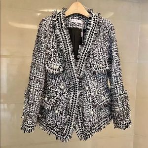 Black & White Tweed Jacket with Faux Pearl Accent